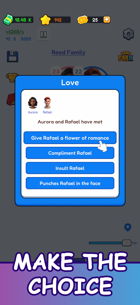 Family Sim: Life Simulator - Interaktiver Entscheidungsbildschirm in Family Sim, der verschiedene romantische und dramatische Optionen für die Charaktere Aurora und Rafael zeigt.