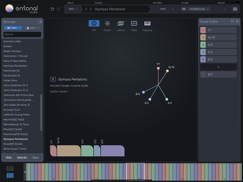 Entonal Studio - Interface do aplicativo Entonal Studio para iPad mostrando a escala pentatônica Olympos com uma visualização geométrica e editor de escala