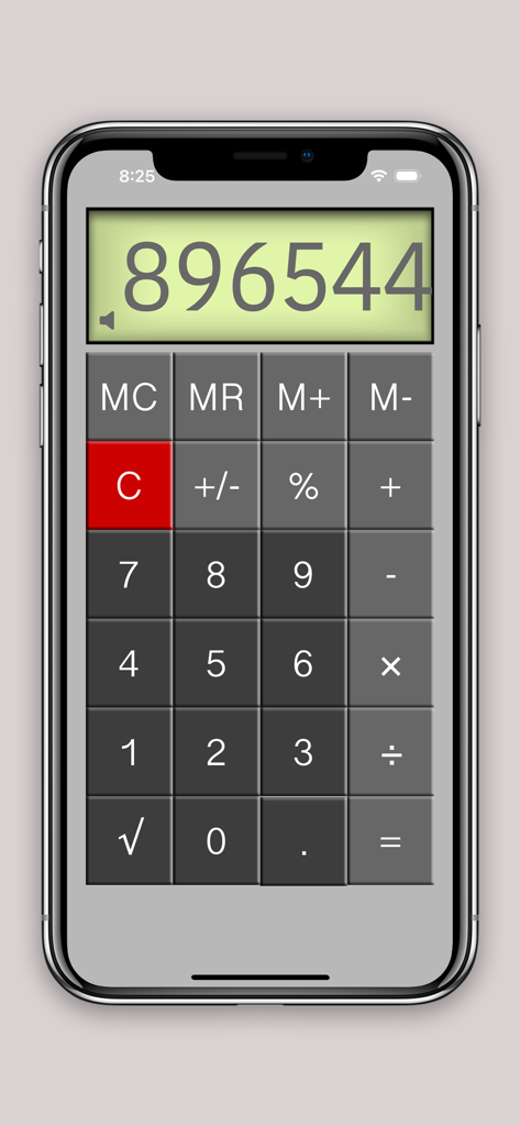 Calculator⁻ - A simple mobile calculator app with grey and red buttons showing a large numerical result on a pale yellow screen