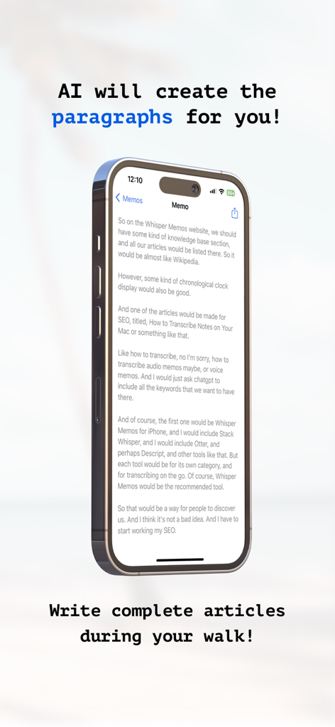 iPhoneにWhisper Memosアプリが表示され、AIによって段落に整理された音声からテキストへの文字起こしを示している