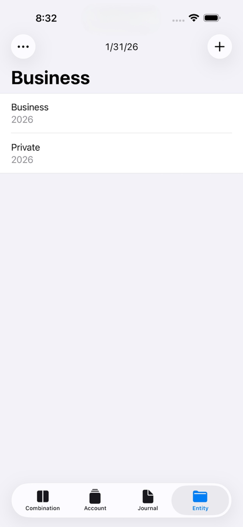 Double-Entry Bookkeeping app interface showing a list of entities including Business and Private ledgers for 2026.