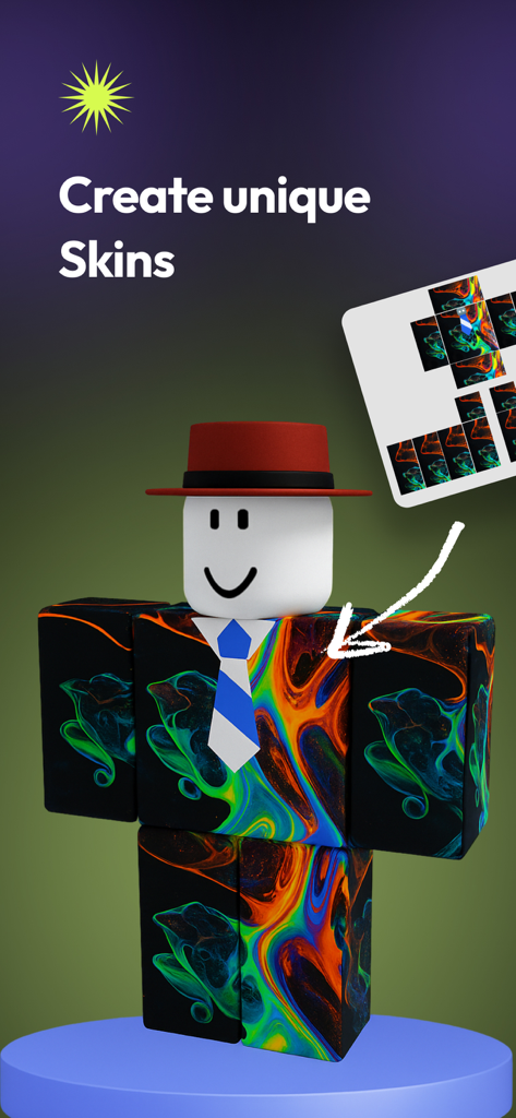 Skins Maker for RBLX - Um personagem 3D com um design de skin colorido e exclusivo criado no aplicativo Skins Maker para RBLX