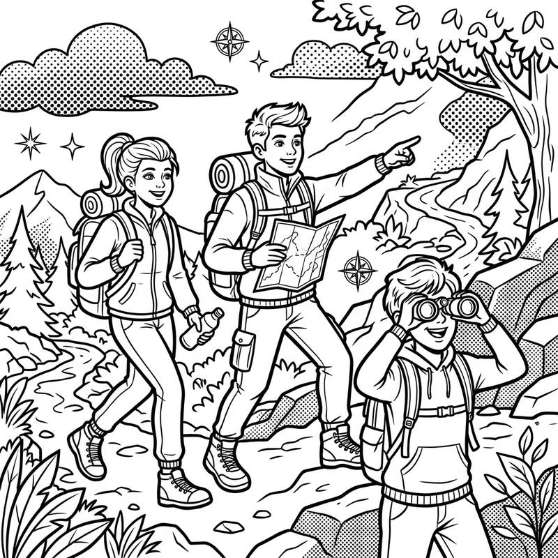 Ignite your creativity with this dynamic Pop Art coloring page featuring a trio of adventurous teenage explorers. Get ready to add vibrant hues to their exciting journey through nature, complete with bold outlines and comic-style details.