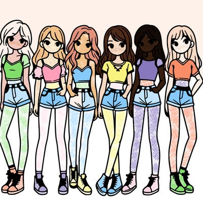 a group of girls wearing crop tops and shorts