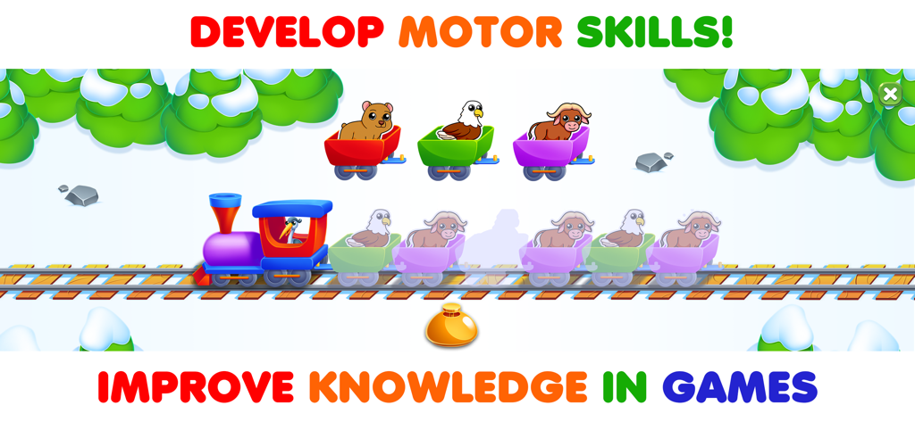 RMB Games - Toddler Learning - Educational game screen showing a colorful train where toddlers sort animals into carts to develop motor skills.