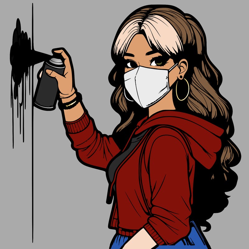 realistic girl with mask spray painting a wall