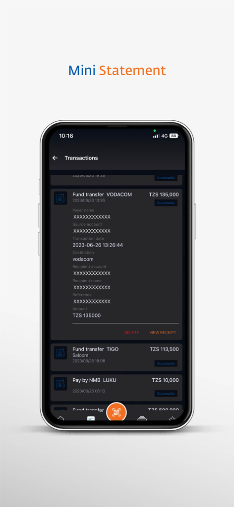 Capture d'écran de l'application bancaire mobile NMB Mkononi affichant un mini relevé et l'historique des transactions