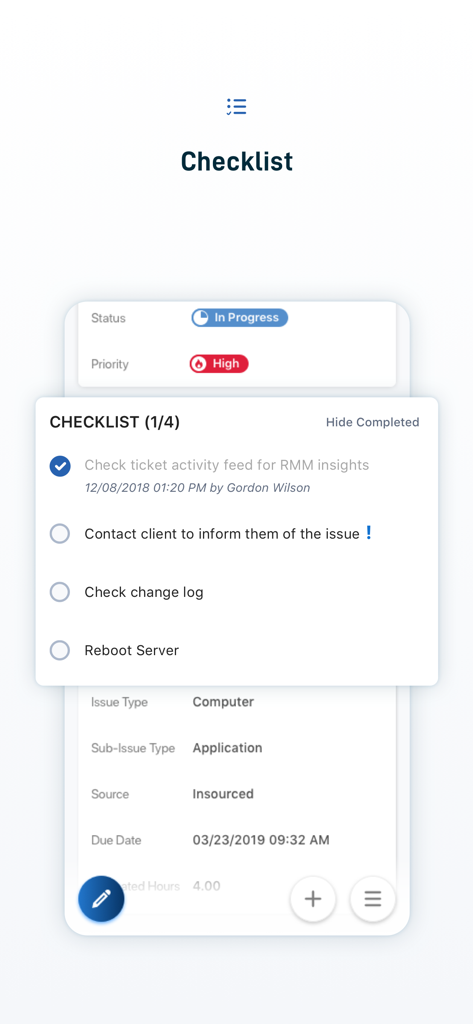 Autotask LiveMobile app showing a checklist for an IT service ticket with status and high priority indicators