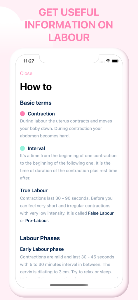 Educational screen from the Storky app explaining labor terms and phases