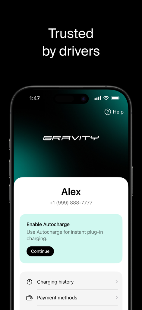 Gravity EV Charging - Gravity EV Charging app user profile screen with Autocharge activation and charging history options