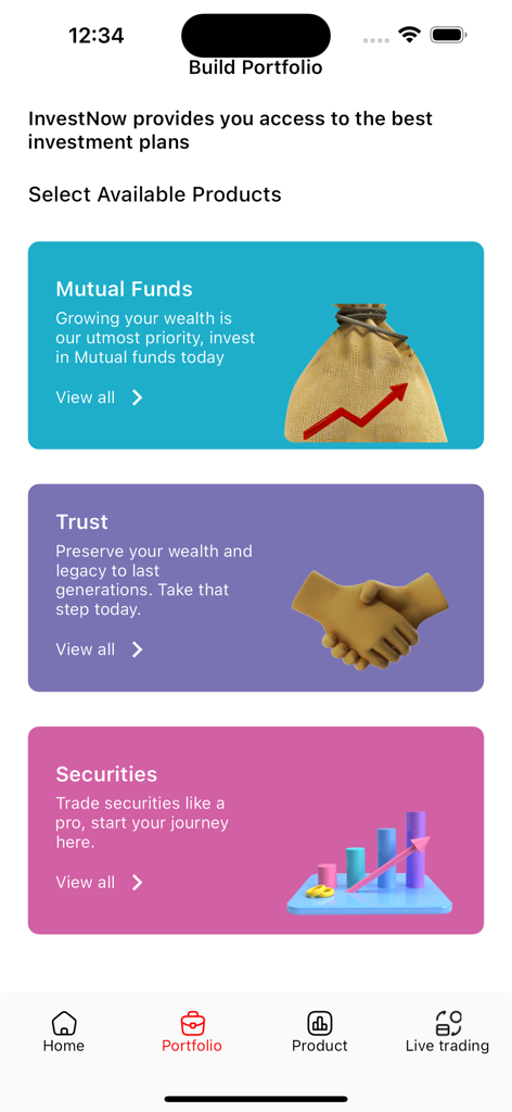 InvestNow - InvestNow app screen showing portfolio options for Mutual Funds Trust and Securities
