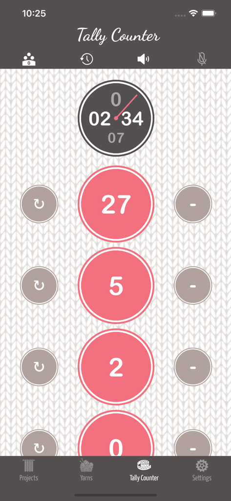 Yarnal - Knitting & Crochet - A digital tally counter interface for tracking knitting and crochet rows with a voice command option.