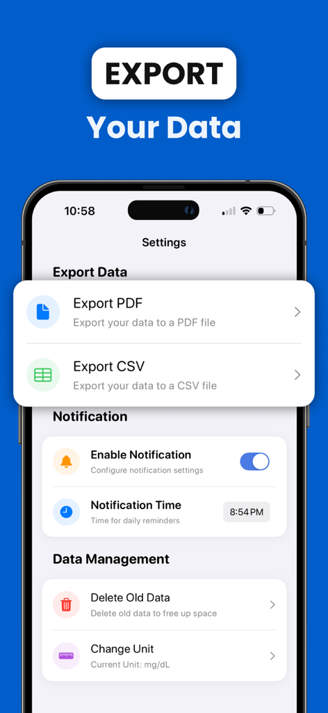 Una pantalla de teléfono inteligente que muestra la configuración de EasyGluco para exportar datos de glucosa en sangre a PDF o CSV.
