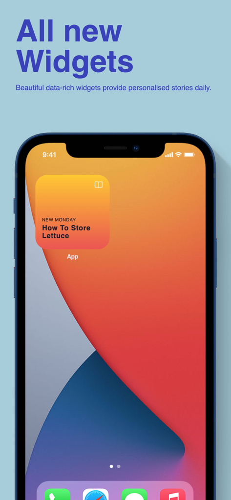 Easy Meal Ideas -Recipe Find - Pantalla de inicio de iPhone que muestra un widget rico en datos de la aplicación Ideas Fáciles de Comidas con un consejo de cocina sobre cómo almacenar lechuga