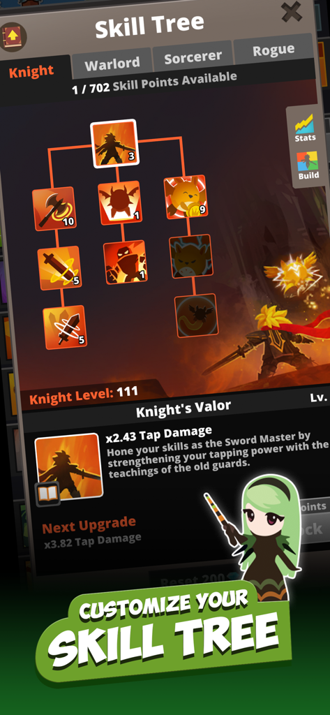 Tap Titans 2 - Hero Legends - Interface of the Knight class skill tree in Tap Titans 2 showing character progression and tap damage upgrades