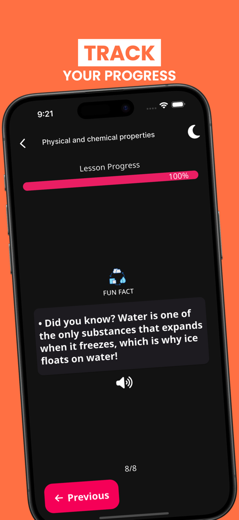 Learn Everyday Science! - Una pantalla móvil que muestra el progreso de la lección al cien por cien con un dato curioso sobre las propiedades físicas y químicas del agua.