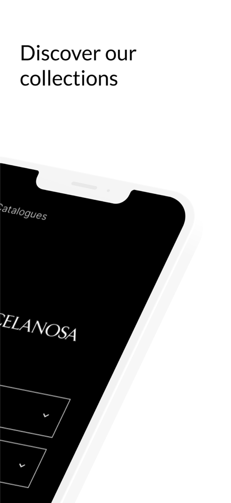 Porcelanosa mobile app screen titled Discover our collections for luxury tile catalogs
