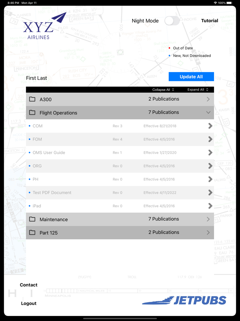 JETPUBS - JETPUBS app interface showing a list of aviation manuals and publications with revision status and update options