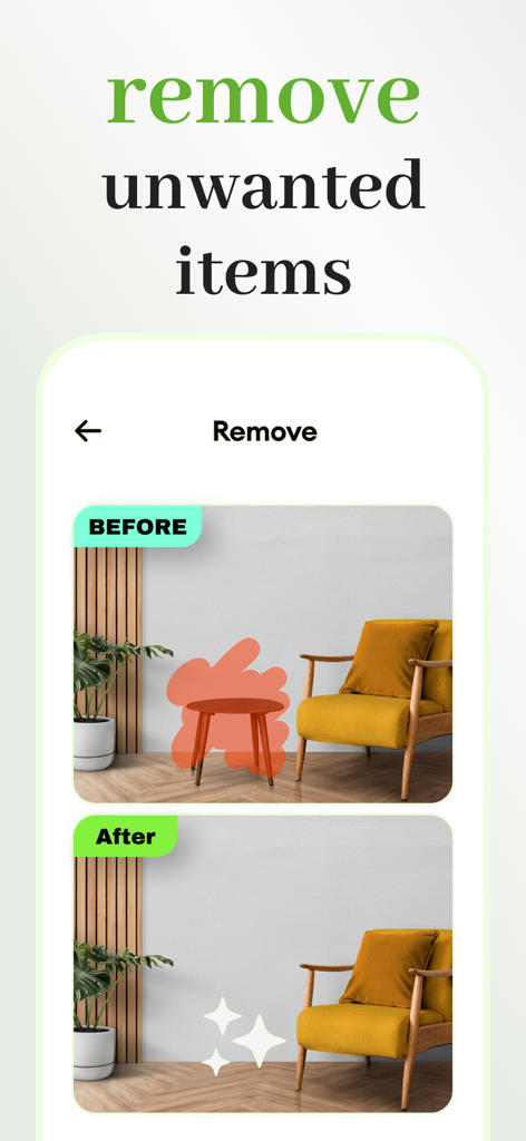 Home AI Interior Design - Homi - Before and after comparison of removing a side table from a living room using Homi AI interior design app.