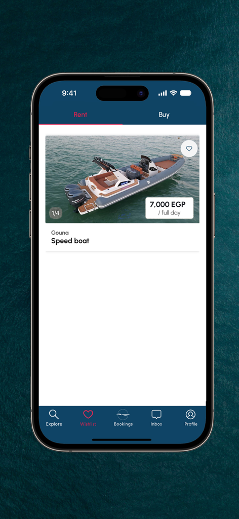 Sea Life Connect - Sea Life Connect app wishlist screen showing a speed boat rental listing in Gouna