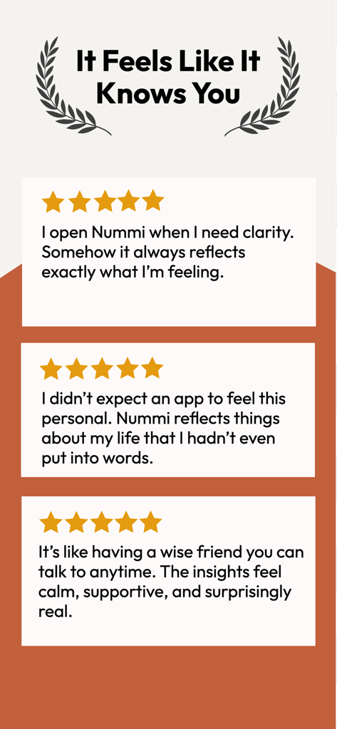 Nummi AI - Three positive 5-star user testimonials for the Nummi AI spiritual companion app highlighting its personal and supportive insights.
