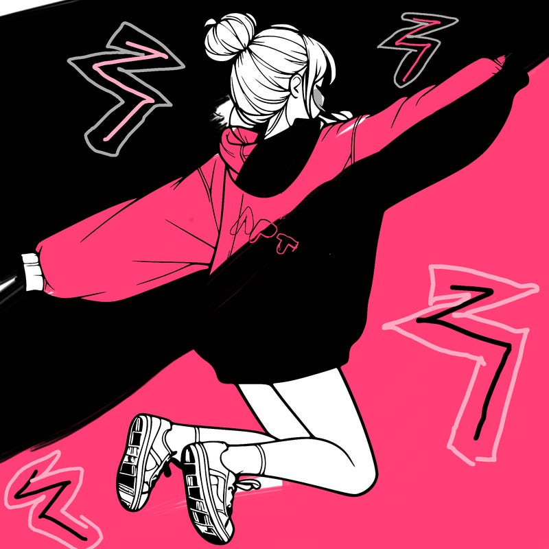 realistic girl jumping with a bun and oversized sweatshirt
