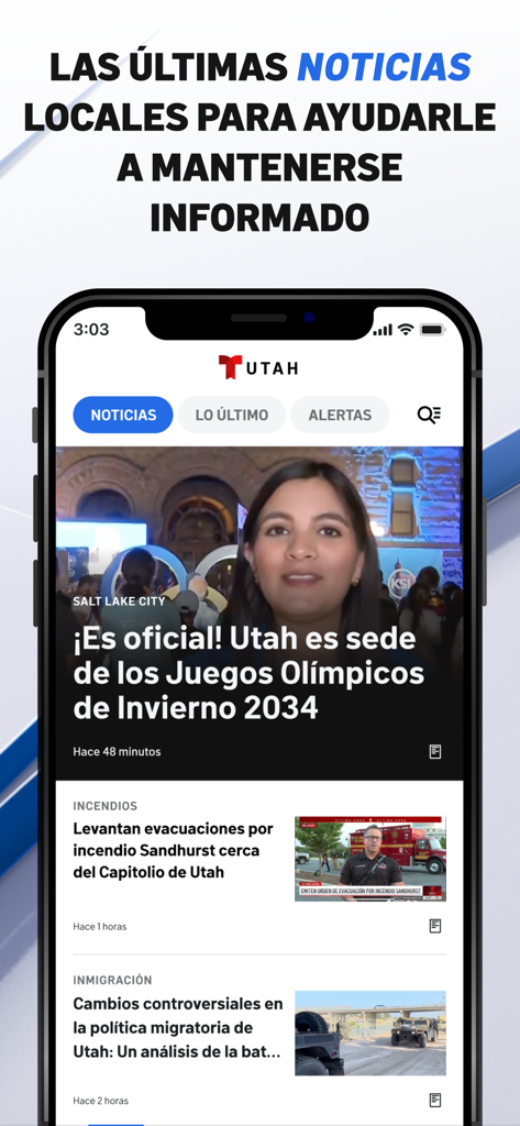 Telemundo Utah mobile app showing local news headlines in Spanish.