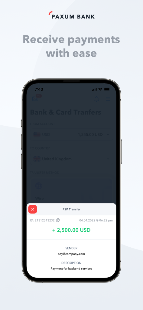 Paxum Bank - Paxum Bank mobile app displaying a successful 2500 USD P2P transfer notification for backend services
