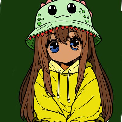 girl with anime shaped eyes with a dinosaur bucket hat oversized sweatshirt long straight hair