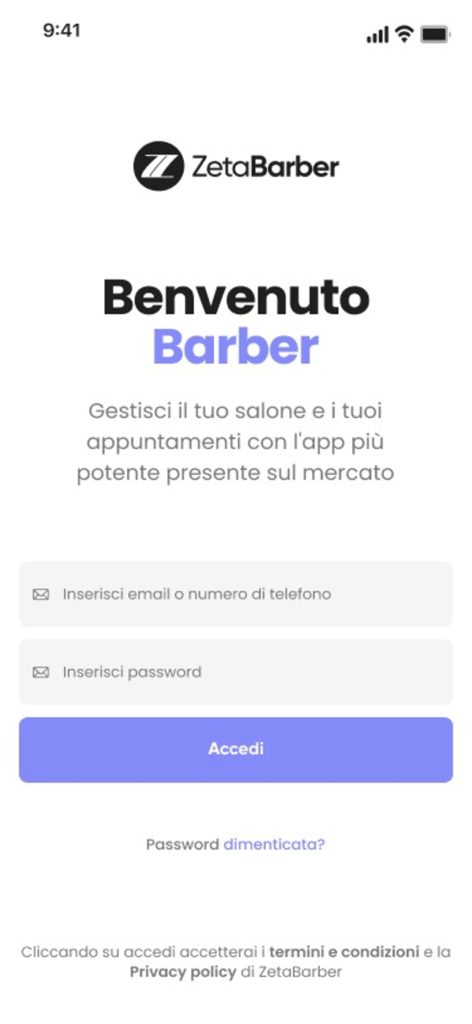 ZetaBarber Business - Login screen of ZetaBarber Business app for barber salon management