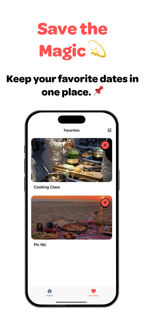 Shamelesss - Shamelesssアプリのモバイル画面に、料理教室やピクニックを含むデートのアイデアのお気に入りのリストが表示されています。