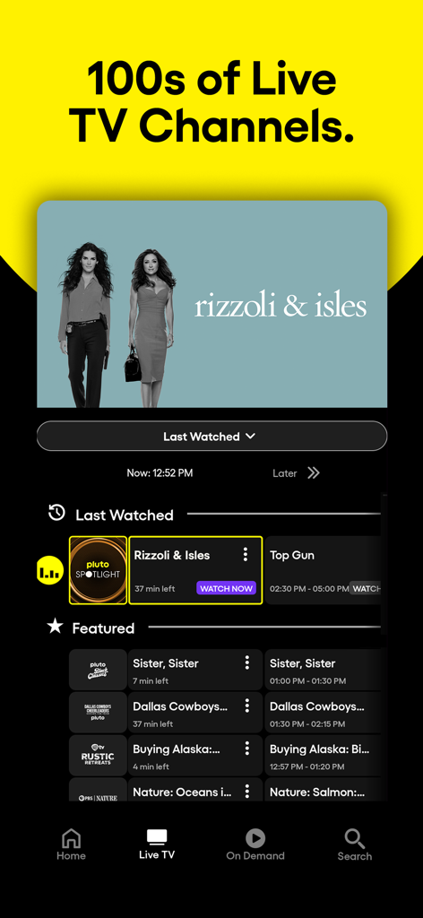 Pluto TVモバイルアプリに、ライブストリーミングチャンネルと映画のリストが表示されています。