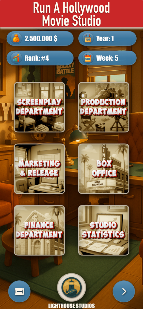 Hollywood - The Movie Tycoon - Main studio management dashboard of Hollywood The Movie Tycoon showing game departments and statistics