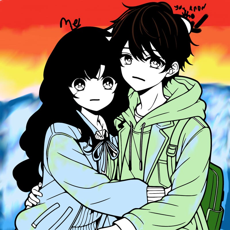 anime girl and boy hugging