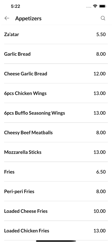 NAVI'S - Screenshot of the NAVI'S app showing the appetizers menu with items like Zaatar, Garlic Bread, and Chicken Wings along with their prices.