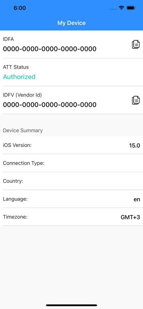 My Device - IDFA, IDFV - Technical display of mobile device identifiers including IDFA IDFV and system metadata