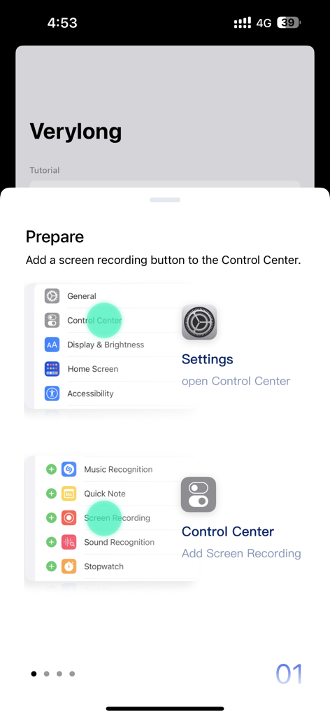 Schermata tutorial per l'app Creatore di Screenshot Lunghissimi che mostra come aggiungere la registrazione dello schermo al Centro di Controllo iOS