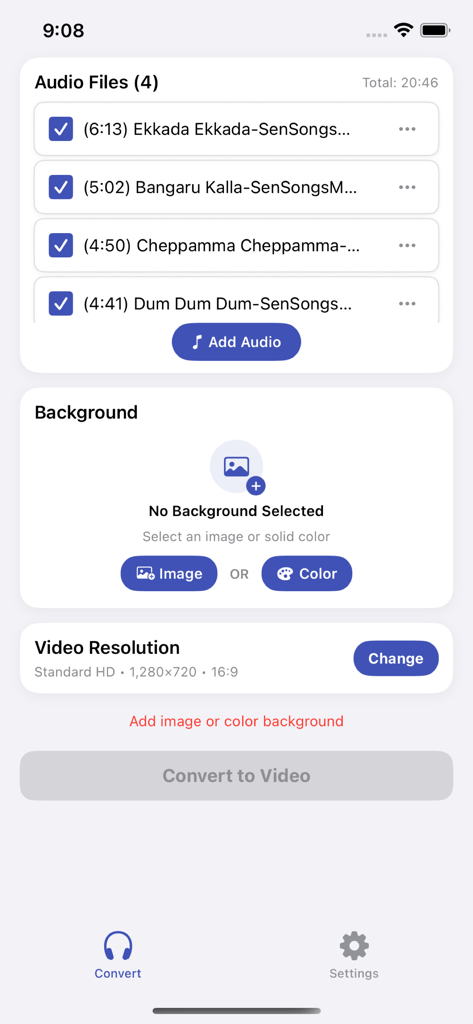 Écran de conversion principal de l'application Convertisseur Audio en Vidéo Facile montrant la sélection du fichier audio et les options de personnalisation de l'arrière-plan.