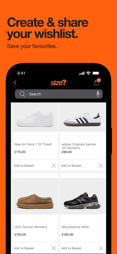 size? - Nike、adidas、New Balanceなどの人気ブランドをフィーチャーしたスニーカーのウィッシュリストを表示するsize?のモバイルアプリ画面。