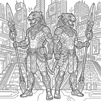 Explore a groundbreaking fusion where ancient Aztec Jaguar Warriors meet a high-tech Cyberpunk future. This intricate design offers a thrilling journey for your coloring pencils.