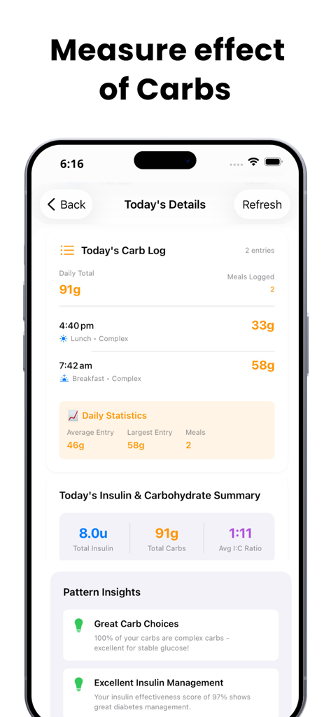 Blood Sugar Monitor & Tracker - Mobile screen of the Blood Sugar Monitor app showing the daily carb log insulin summary and health pattern insights