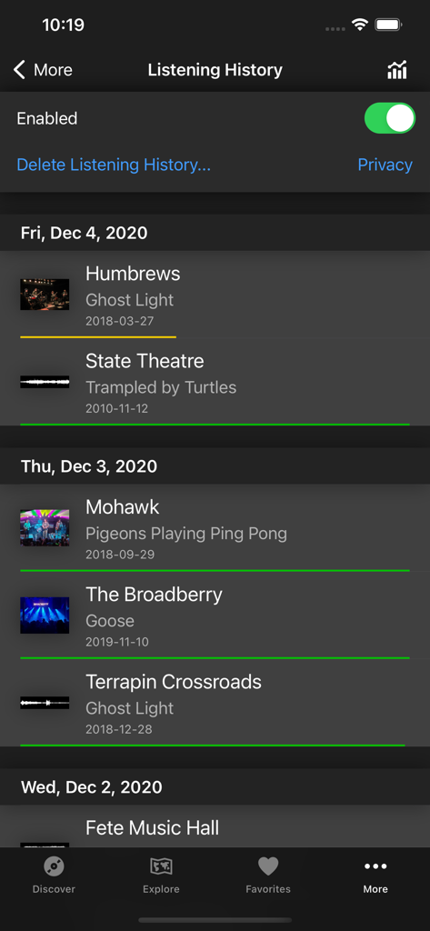 Live Music Archive - Listening history screen in the Live Music Archive app showing a list of recorded live concerts organized by date.