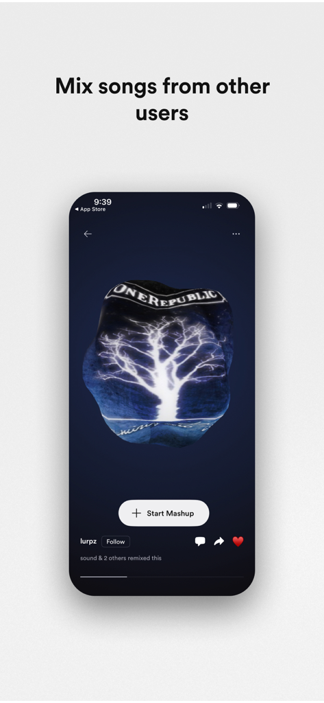 Lowkey Mashups - Mobile app screen showing a OneRepublic song with a glowing tree visual and a Start Mashup button to mix songs from other users.