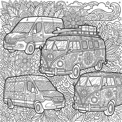 Embark on a mindful journey with this captivating adult coloring page, featuring a collection of intricately patterned vans. Discover detailed floral and mandala designs, perfect for a relaxing and creative escape.