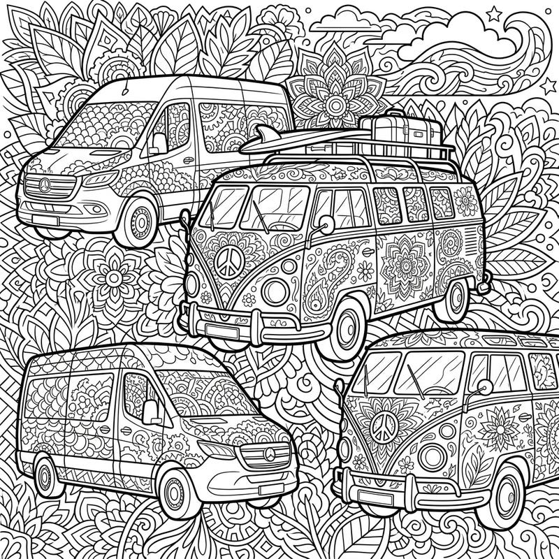 Embark on a mindful journey with this captivating adult coloring page, featuring a collection of intricately patterned vans. Discover detailed floral and mandala designs, perfect for a relaxing and creative escape.