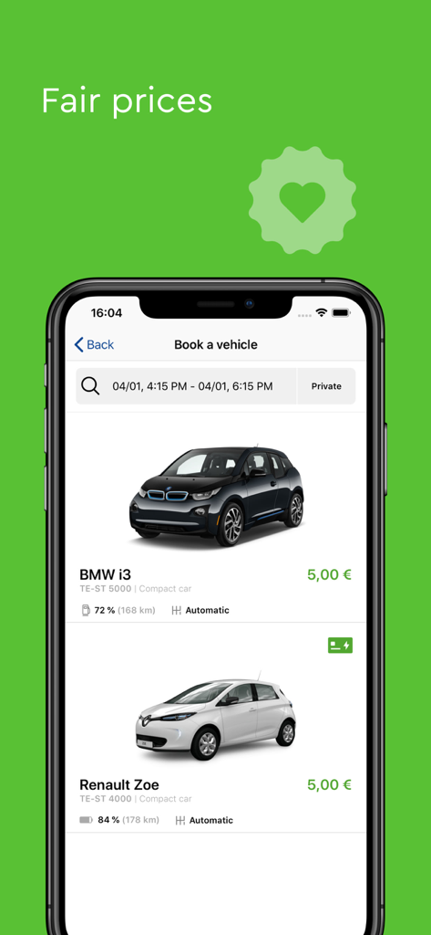 mobileeee E-Carsharing - Buchungsbildschirm der mobileeee App, der Elektroautomodelle und Mietpreise anzeigt
