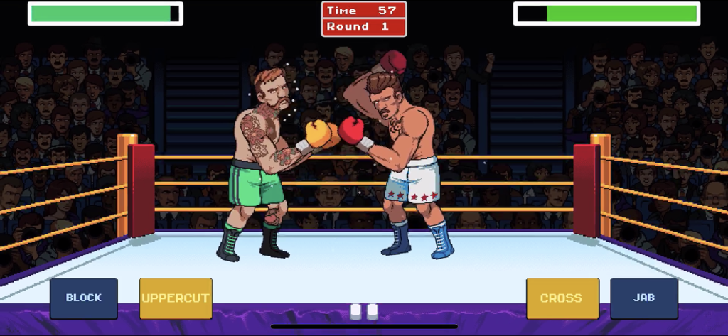 Retro pixel art boxing match in Big Shot Boxing with gameplay controls and health bars