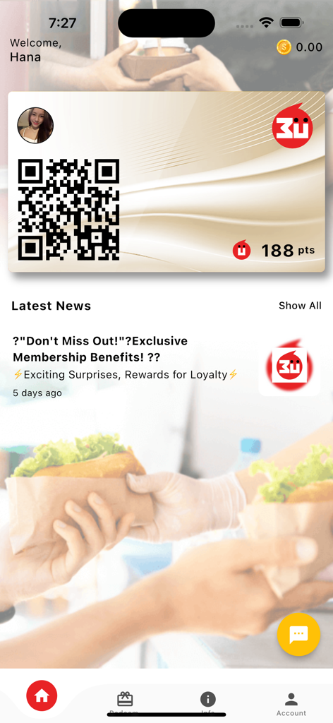 Meet u 360 - Interface do aplicativo Meet u 360 mostrando um cartão de membro digital com um código QR e saldo de pontos