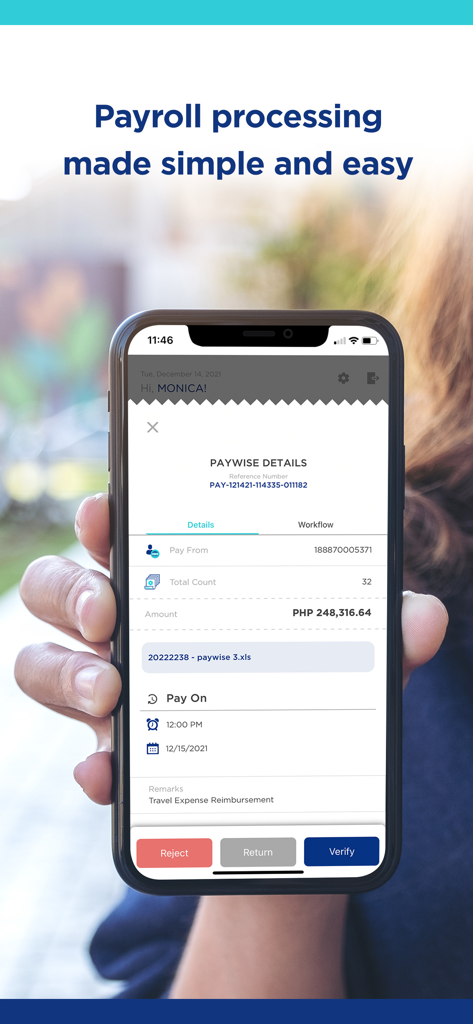 PNB CashNet plus app showing payroll processing details on a smartphone