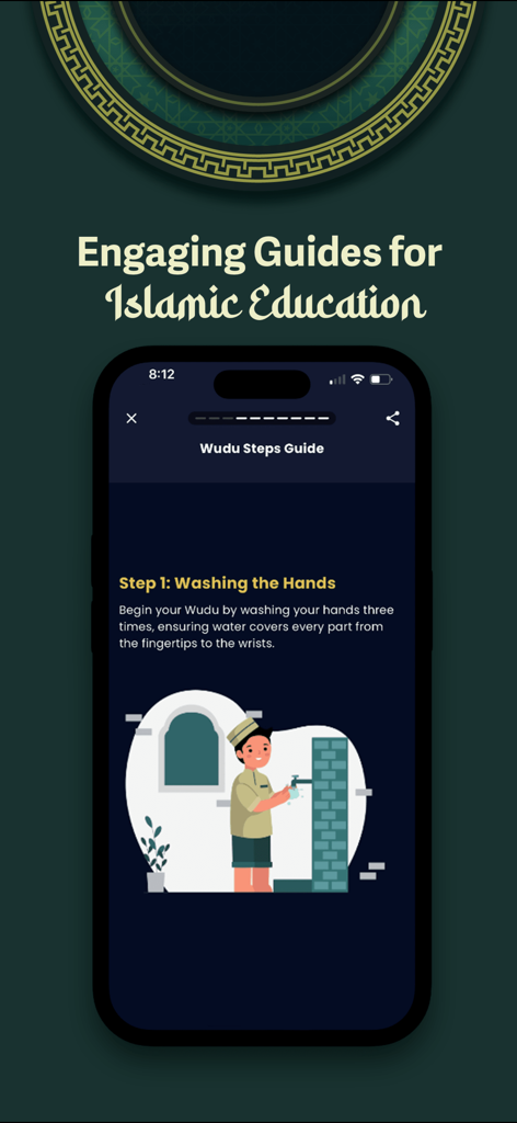 App interface showing Wudu steps guide with illustration for washing hands